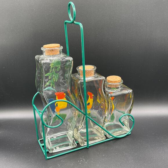 Vintage Hand Painted Rooster Jars with Corks and Carrier - Picture 3 of 9